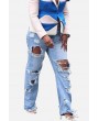 Light-blue Ripped Raw Hem High Waist Casual Jeans