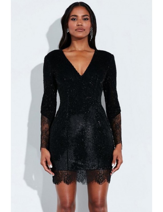 Black Sequin Splicing V Neck Long Sleeve Apparel Bodycon Mini Dress