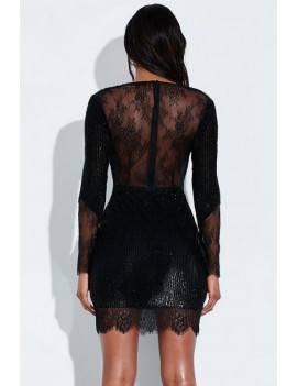 Black Sequin Splicing V Neck Long Sleeve Apparel Bodycon Mini Dress
