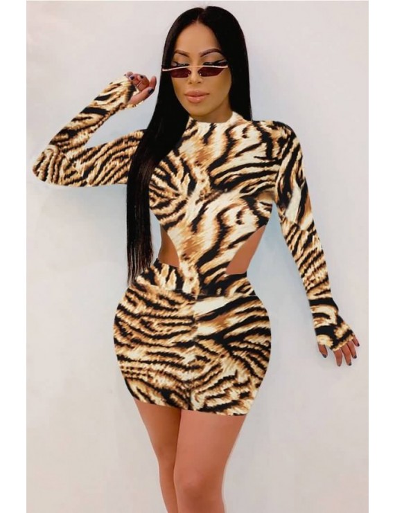 Brown Tiger Print Mock Neck Long Sleeve Apparel Bodysuit Skirts Set