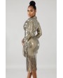 Gold Sequin Fringe Long Sleeve Apparel Bodycon Dress