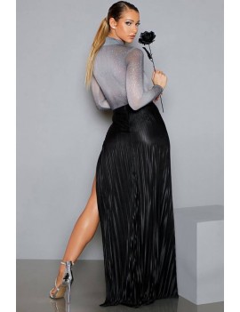 Black Glitter Slit Mock Neck Long Sleeve Apparel Skirt Set
