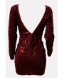 Dark-red Sequin V Back Long Sleeve Apparel Bodycon Dress