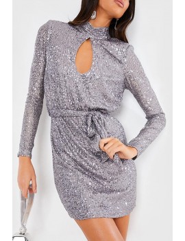 Silver Sequin Cutout Mock Neck Long Sleeve Apparel Dress