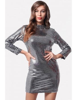 Silver Sequin Mock Neck Long Sleeve Chic Mini Bodycon Dress