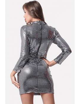 Silver Sequin Mock Neck Long Sleeve Chic Mini Bodycon Dress