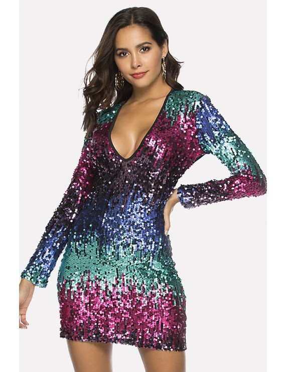 Multi Color Block Splicing Plunging Long Sleeve Apparel Sequin Dress