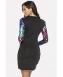 Multi Color Block Splicing Plunging Long Sleeve Apparel Sequin Dress