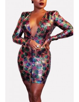 Multi Sequin Plunging Long Sleeve Apparel Bodycon Dress