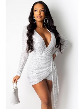 Silver Sequin Wrap Plunging Long Sleeve Apparel Bodycon Dress
