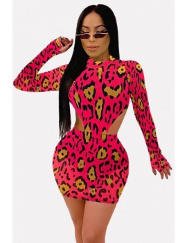 Hot-pink Leopard Mock Neck Long Sleeve Apparel Bodysuit Skirts Set