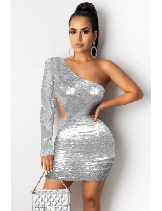 Silver Sequin Cutout One Shoulder Apparel Bodycon Dress
