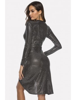 Black Sequin Wrap O Ring Plunging Long Sleeve Apparel Dress