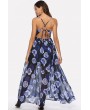 Dark-blue Floral Print V Neck Crisscross Apparel Chiffon Maxi Dress