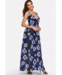 Dark-blue Floral Print V Neck Crisscross Apparel Chiffon Maxi Dress