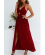 Dark-red Halter Cutout Slit Hem Apparel Maxi Chiffon Dress