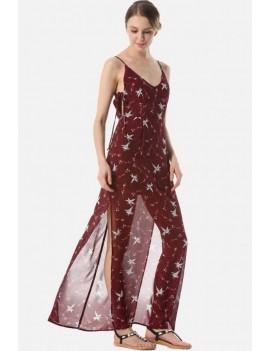 Dark-red Floral Print Spaghetti Straps Slit Side V Back Apparel Maxi Dress