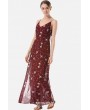 Dark-red Floral Print Spaghetti Straps Slit Side V Back Apparel Maxi Dress