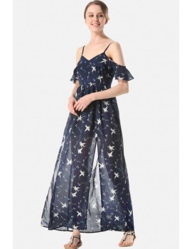 Dark-blue Floral Print Cold Shoulder Slit Side V Neck Casual Maxi Chiffon Dress