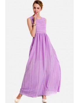 Light-purple Stripe Sleeveless Casual Maxi Chiffon Dress