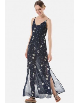 Dark-blue Floral Print Spaghetti Straps Slit Side V Back Apparel Maxi Dress