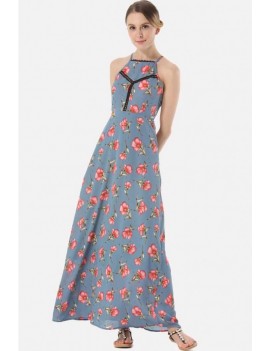 Light-blue Floral Print High Neck Crisscross Casual Maxi Chiffon Dress