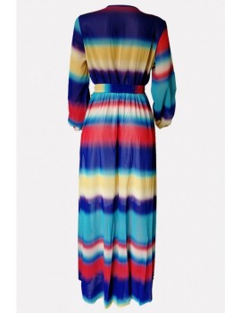 Blue Striped Surplice Wrap Long Sleeve Chiffon Casual Maxi Dress