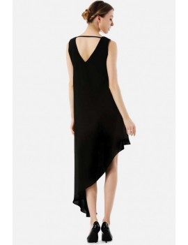 Black Embroidery Asymmetric Hem V Back Casual Chiffon Dress