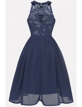 Dark-blue Floral Lace Keyhole Back Apparel Fit & Flare Chiffon Dress