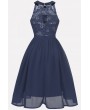 Dark-blue Floral Lace Keyhole Back Apparel Fit & Flare Chiffon Dress