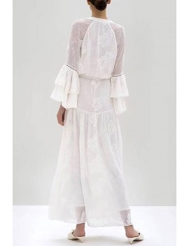 White Floral Embroidery Tassels Flare Sleeve Casual Maxi Dress