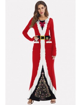 Red Santa Claus Print Round Neck Long Sleeve Christmas Dress