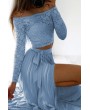 Light-blue Lace Off Shoulder Slit Pleated Apparel Chiffon Two Piece Dress
