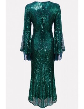 Dark-green Sequin Flare Sleeve Apparel Bodycon Maxi Dress