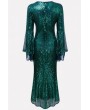 Dark-green Sequin Flare Sleeve Apparel Bodycon Maxi Dress