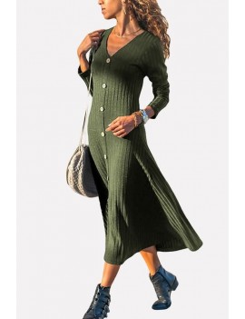 Army-green V Neck Button Up Long Sleeve Casual Maxi Sweater Dress