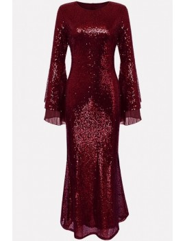 Dark-red Sequin Flare Sleeve Apparel Bodycon Maxi Dress