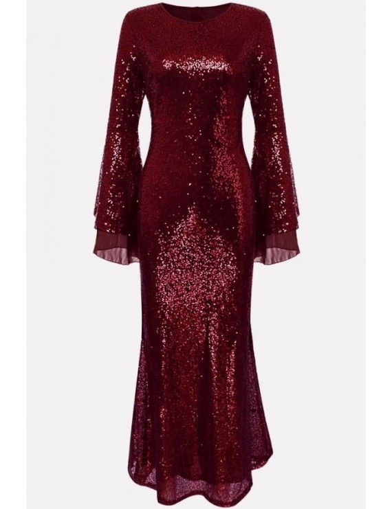 Dark-red Sequin Flare Sleeve Apparel Bodycon Maxi Dress
