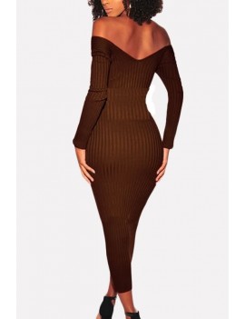 Coffee Off Shoulder Long Sleeve Ribbed Apparel Maxi Bodycon Sweater Dress