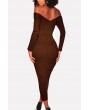 Coffee Off Shoulder Long Sleeve Ribbed Apparel Maxi Bodycon Sweater Dress