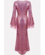 Pink Sequin Flare Sleeve Apparel Bodycon Maxi Dress