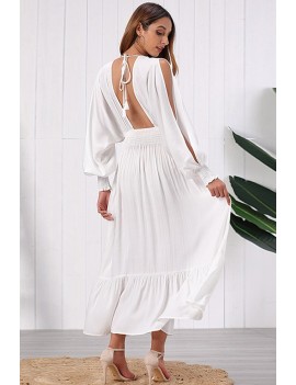 White Plunging Shirred Ruffles Hem Slit Sleeve Apparel Maxi Dress