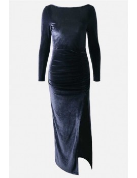 Dark-blue Velour Ruched Hight Slit Long Sleeve Backless Apparel Maxi Dress