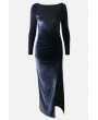 Dark-blue Velour Ruched Hight Slit Long Sleeve Backless Apparel Maxi Dress
