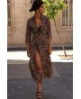 Brown-leopard Long Sleeve Lapel Button Apparel Maxi Shirt Dress
