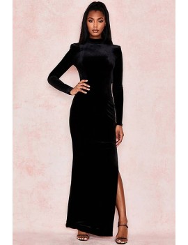 Black Slit Backless Long Sleeve Apparel Maxi Dress