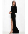 Black Velour Ruched Hight Slit Long Sleeve Backless Apparel Maxi Dress