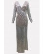 Silver Sequin Plunging High Slit Long Sleeve Apparel Maxi Dress