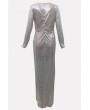 Silver Sequin Plunging High Slit Long Sleeve Apparel Maxi Dress
