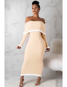 Apricot Off Shoulder Long Sleeve Apparel Bodycon Maxi Dress